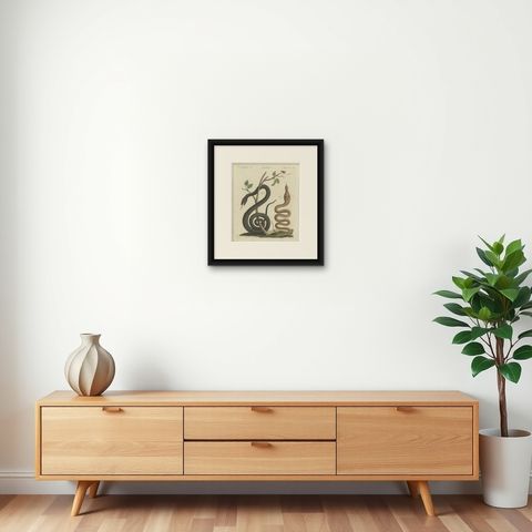 Black Snake with Hummingbird, Antique Bertuch Print, Vienna, circa 1805, shown framed on a wall