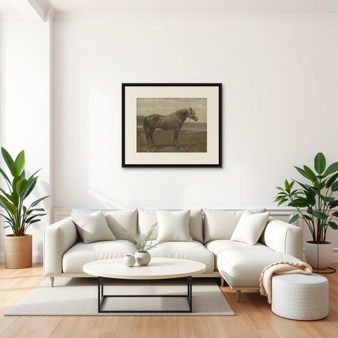 Antique Print of the Russian Horse by O. Eerelman, 1898, shown framed in a room