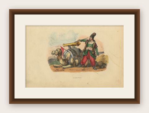 Antique Print of a Persian Gunner with a Camel, 1843, shown framed