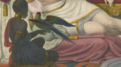 Orientalist Lithograph of Reclining Woman with Parrots, Ulrika, c.1840, Berlin, close-up 5