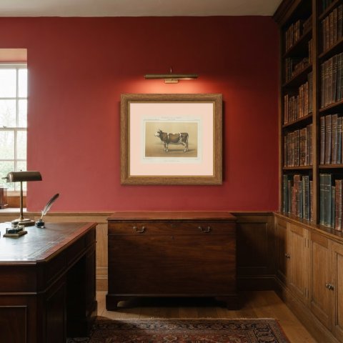 Mancelle Cow, French Cattle Breed, Antique Chromolithograph by Borie, 1863, shown framed in a room