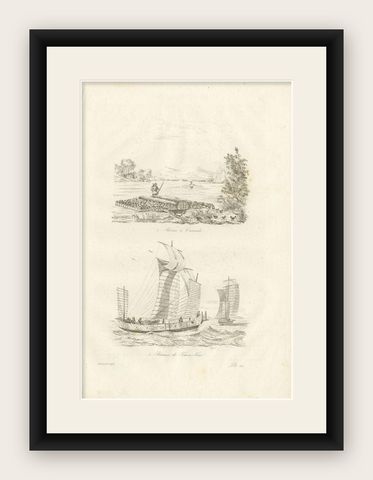 Antique Print of a Boat with Ducks and Jiaozhou Boats by Dumont d'Urville, 1834, shown framed