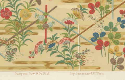 Japanese Floral Motifs on Golden Background: Antique Lithograph, 1880s, close-up 2