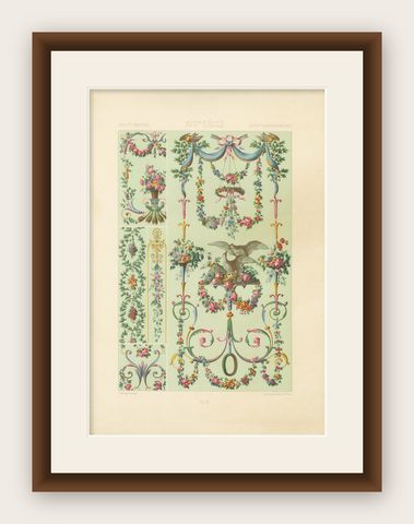 Rococo Floral Garland Design, 18th-Century French Ornament with Doves, 1869, shown framed