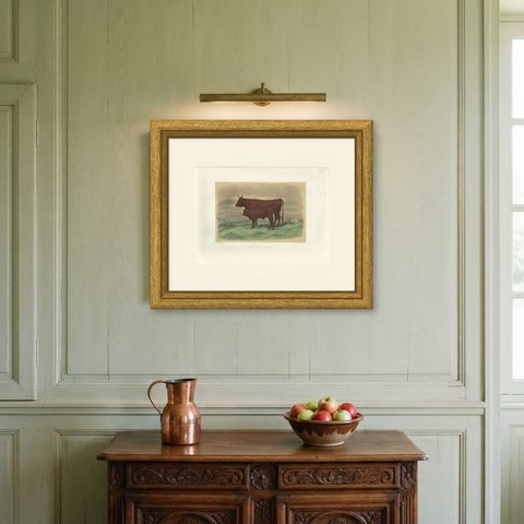 Salers Cow and Calf, Antique Cattle Print after Rosa Bonheur, 1873, shown framed on a wall