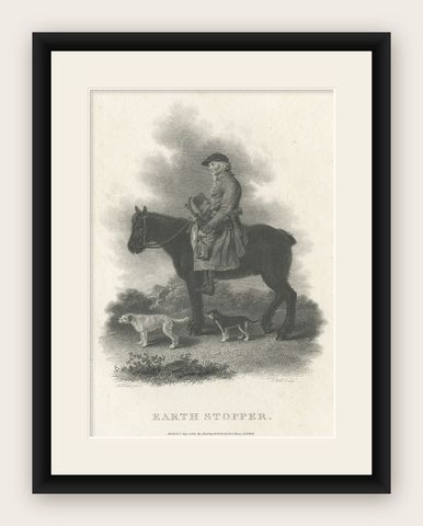 Old Print of an Earth Stopper, Who Stops Up Fox Holes Prior to a Hunt, 1801, shown framed