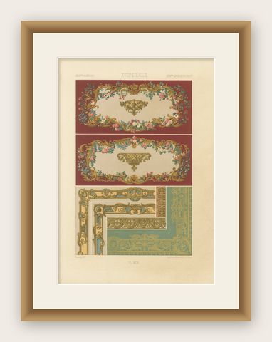 18th Century French Wall and Border Decoration, Rococo Floral Frames, Plate XCI, shown framed