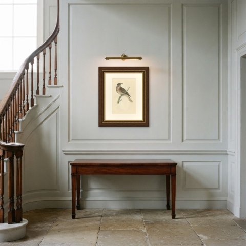 Redwing on a Green Branch, Hand Colored Bird Print, Morris, 1896, shown framed in a room
