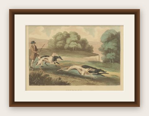 Antique Print of Hunting Dogs Chasing, circa 1880, shown framed