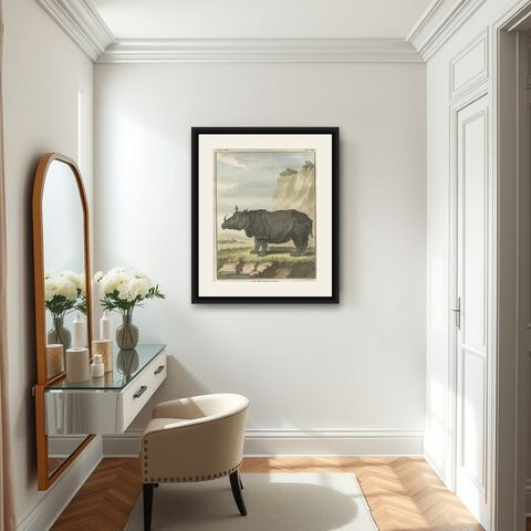Striking Antique Rhinoceros Engraving, Buffon Hand-Coloured Print Amsterdam 1769, shown framed in a room