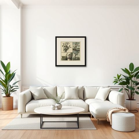 Old Print with Fruits from Asia Cocoa, Soursop Belimbing, Chinese Lemon, 1711, shown framed in a room