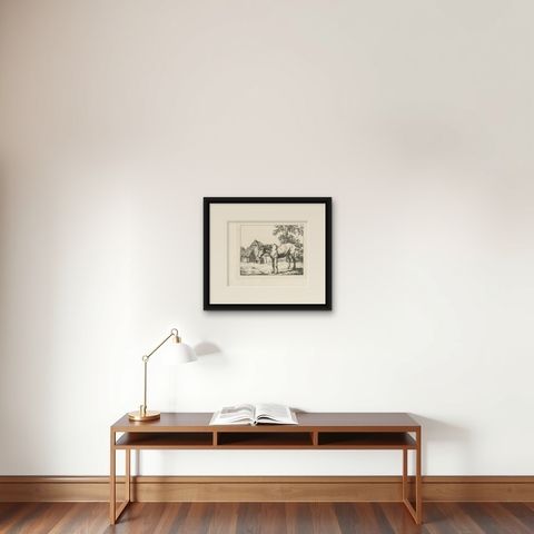 Rustic Farm Horse Study, English Animal Etching by Robert Hills, 1801, shown framed on a wall