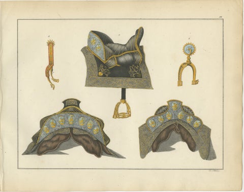 Hand-Coloured Lithograph of Ornate Medieval Horse Saddles and Stirrups, 1842, view 2