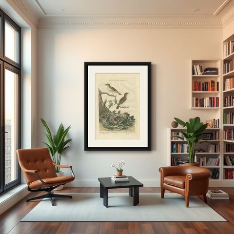Antique Bird Print of the Nightingale by Sepp & Nozeman, 1789, shown framed in a room