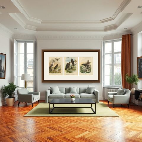 Birds of Prey Prints, Antique Set of Three, Raptors & Hawks, 19th Century, shown framed in a room