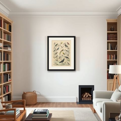 Songbirds & Tropical Birds Print: Hornbill, Bee-eater, Crow, Antique 1867, shown framed in a room