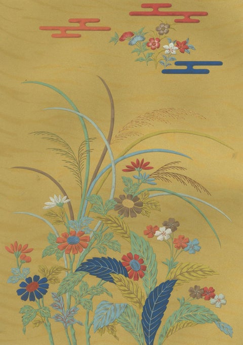 Japanese Floral Meadow on Golden Backdrop: Antique Lithograph, 1880s, close-up 5