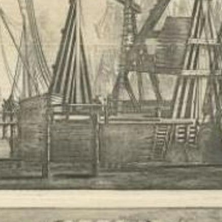 Antique Print of Ship Cranes and a Bridge in Amsterdam, circa 1730, close-up 1