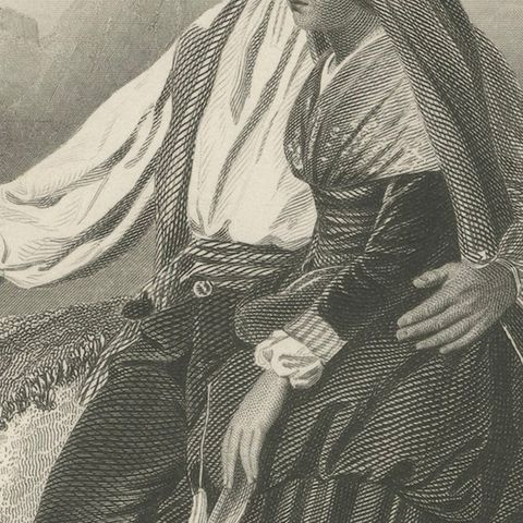 Pyrenean Peasant Couple with Dog, Romantic 19th C. Engraving c.1840, close-up 6