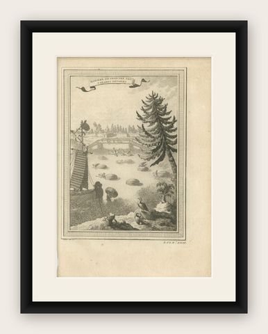Antique Print of Catching Wild Ducks in China, 1748, shown framed