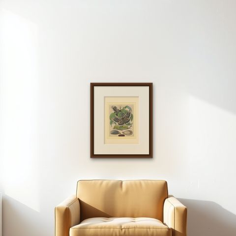 19th-Century Hand-Colored Lithograph of Giant Moths and Silkworm Life Cycle, shown framed on a wall