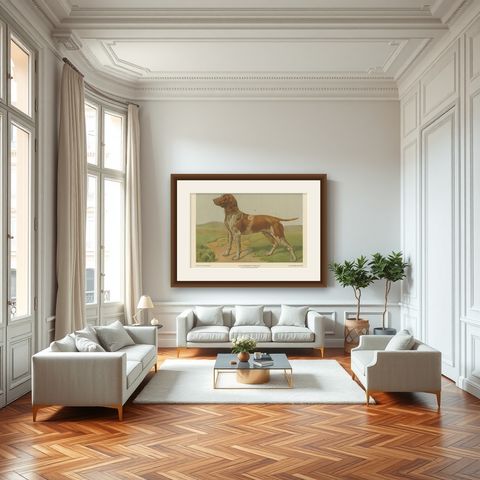 Antique Print of a Hound Dog by Th. Breidwiser, 1879, shown framed in a room