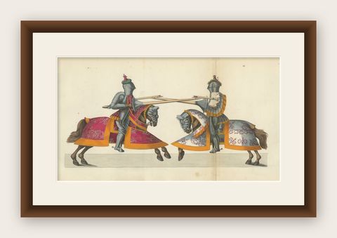 19th-Century Hand-Coloured Knightly Joust: Ornate Armor & Horses in Action, shown framed