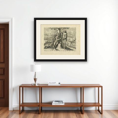 Antique Print of Adam and Eve Eating the Apple from the Tree '1674', shown framed on a wall