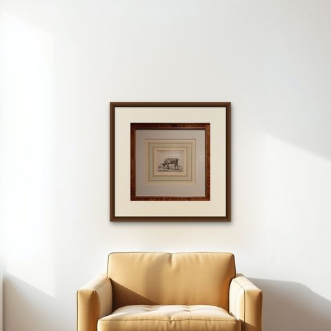Antique Etching of a Grazing Cow by Van Troostwijk, Framed, 1810, shown framed on a wall
