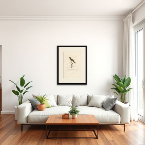 Antique Bird Print of a Whiskered Fantail by Vieillot '1807', shown framed in a room