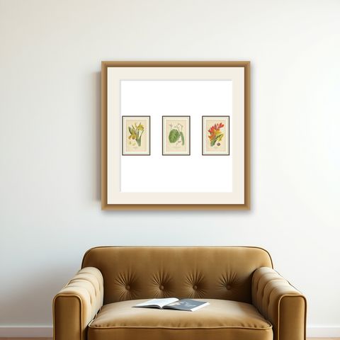 Set of 3 Antique Botanical Prints 1897, Lady’s Slipper, Maranta & Canna, shown framed on a wall