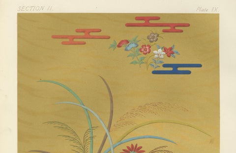 Japanese Floral Meadow on Golden Backdrop: Antique Lithograph, 1880s, close-up 4