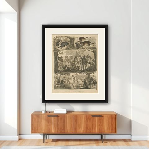 Badger and Otter Hunt, Antique German Engraving, circa 1840, shown framed on a wall