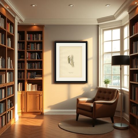 Antique Bird Print of the Eurasian Treecreeper, 1927, shown framed in a room