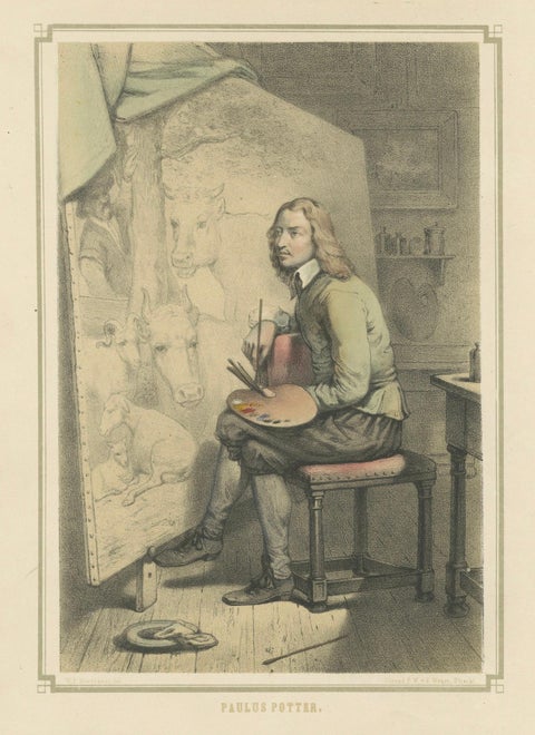Paulus Potter, Dutch Animal Painter at Work, Hand-Colored Lithograph, ca.1850, close-up 5