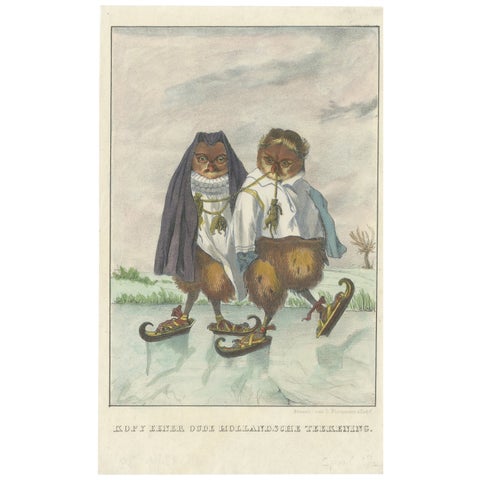 19th Century Hand-Colored Lithograph of Owls from an Old Dutch Drawing, 1860