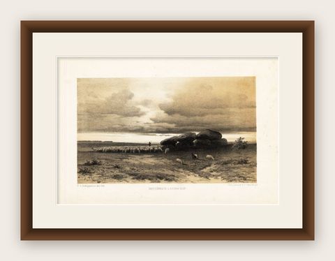 Antique Print of a Landscape in Drenthe with Sheep and a Hunnebed, 1880, shown framed