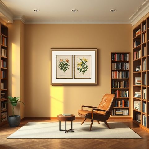 Pair Antique Botanical Lithographs, Lilium Partheneion & Coridion, 1856, shown framed in a room