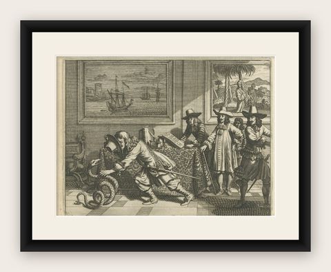 Rare Antique Print of the Catching of a Snake By Europeans in Asia, 1672, shown framed