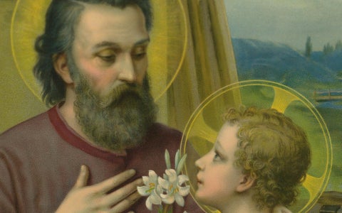 St Joseph and Child Jesus with Lily, Antique German Chromolithograph c.1900, close-up 1
