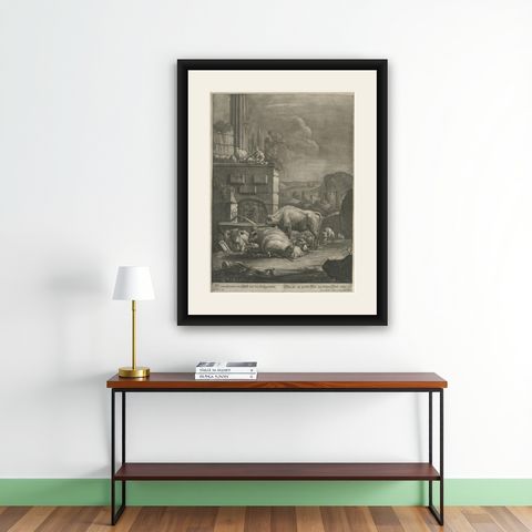 Large Antique Engraving of a Pastoral Scene with Cows and Sheep, c.1770, shown framed on a wall