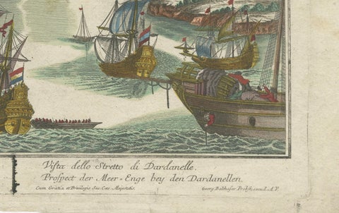 Dardanelles Strait, Ottoman Turkey, Probst Optical View with Ships, c.1770, close-up 3