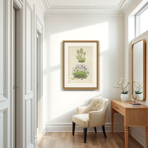 Striped Thyme and Kidneywort Violet, Hand-Coloured Botanical Print, 1874, shown framed in a room