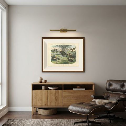 Antique Deer Print with Elk, Reindeer and Red Deer Stag, Kolb, circa 1890, shown framed in a room