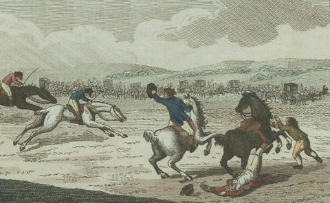 1802 Hand-Colored Print of English Racing Horse and Race Track Scene, close-up 1