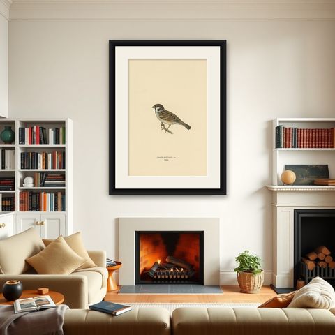 Antique Bird Print of the Eurasian Tree Sparrow by Von Wright, 1927, shown framed in a room