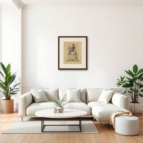 Antique Andalusian Horse Lithograph by Brodtmann, Equus Hispanicus, 1816, shown framed in a room