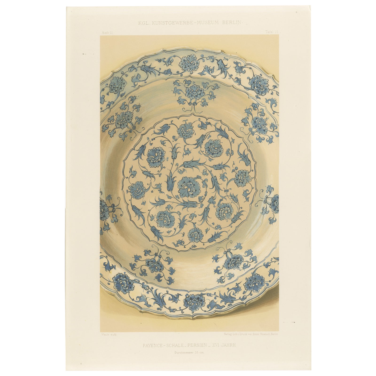 Persian Faience Dish with Blue Floral Ornamentation, J.Lessing, Berlin 1890