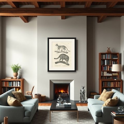 19th-Century Lithograph of the African and European Wild Cats in Natural Poses, shown framed in a room