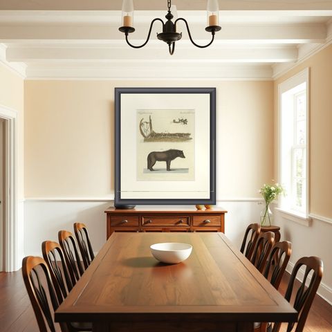 Antique Print of a Dog from Baffin Bay Greenland and a Dog Sled, ca.1800, shown framed in a room